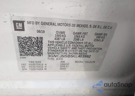 2019 Chevrolet Trax Ls from USA, damaged, VIN 3GNCJNSB5KL403992